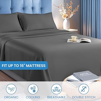LBRO2M 100% Tencel Sheet Set Lyocell Cooling Sheets for Hot Sleeper Queen Size 4 Piece Silky Soft and Smooth Breathable Sheets,16 Inches Deep Pocket Bedding Set Wrinkle Resistant (Queen Dark Gray)