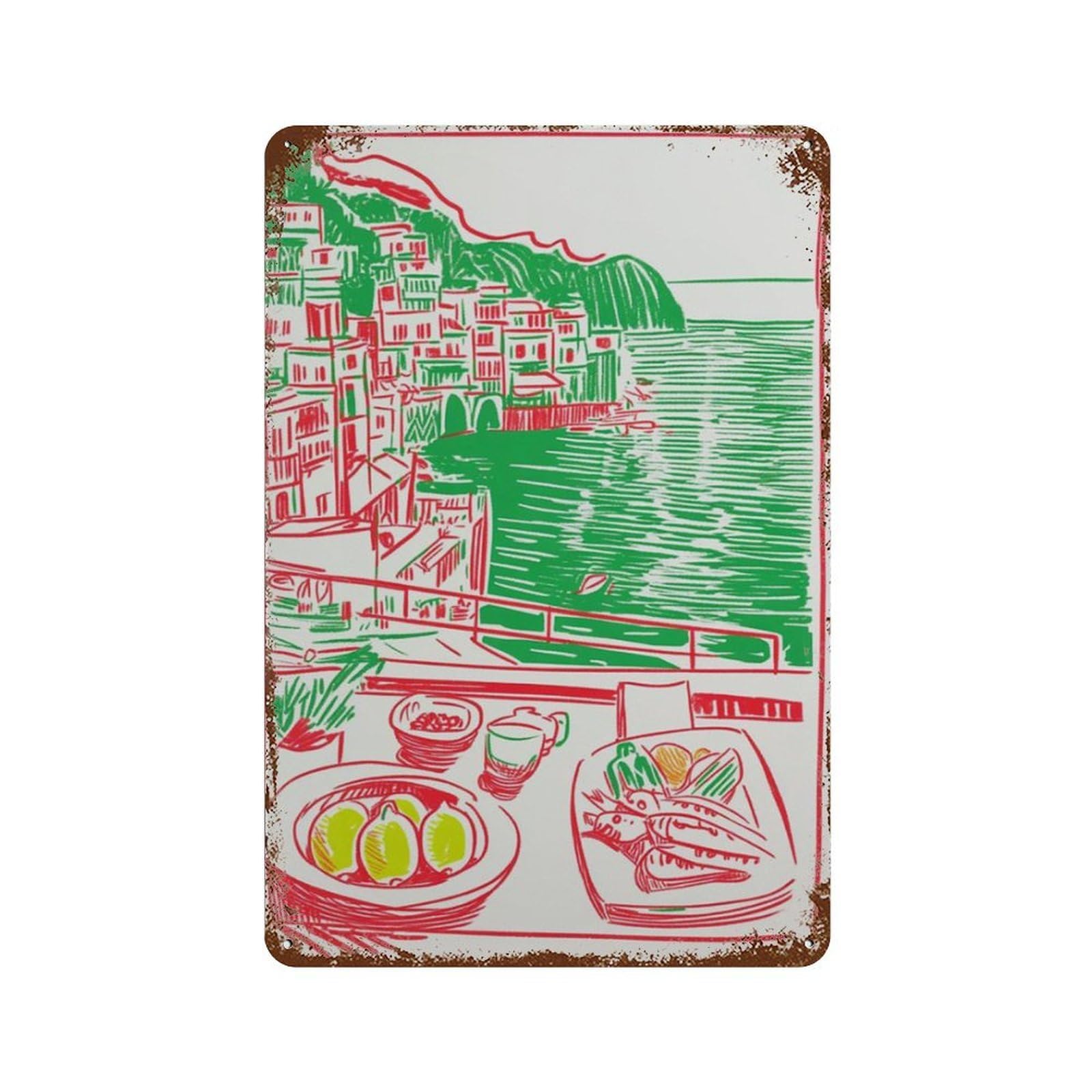 xiaoxiaoshen Amalfi Coast Italian Coastal Food Scene Mediterranean Travel Lemon Seafood Summe Wall Decor Art Metal Tin Poster Modern Home Decor Art Home Bar Shop Decorations Vintage Sign 30x20cm