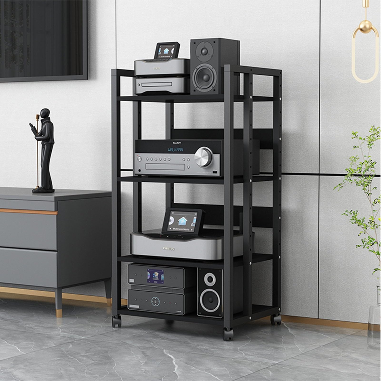 4/5-Tier Media Stand Movable Storage Cart Audio/Video Component Cabinet CD Player Stand Stereo Rack Open Audio Tower with Height Adjustable Wooden Shelf for Home/Office/Theater (Size : 4-Tier)