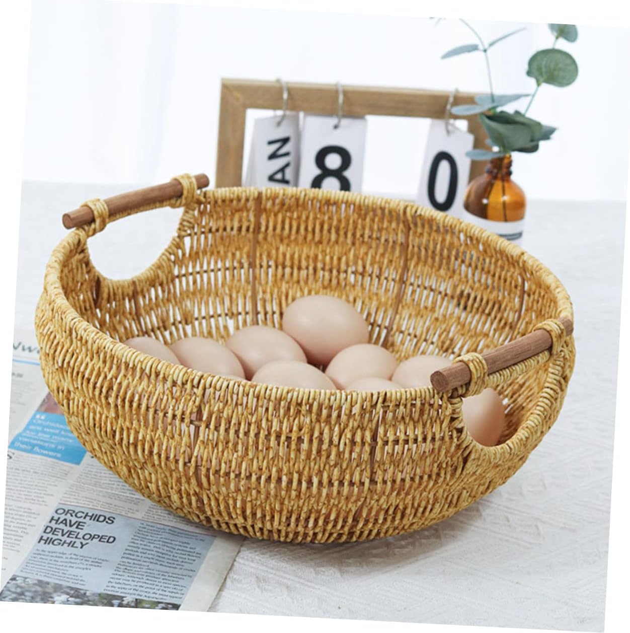 Woven Storage Basket with Double Handles Hand Woven Picnic Basket for Home Organization Rustic Imitation Rattan Design for Storing Sundries and Eggs Decorative Desktop Accessory