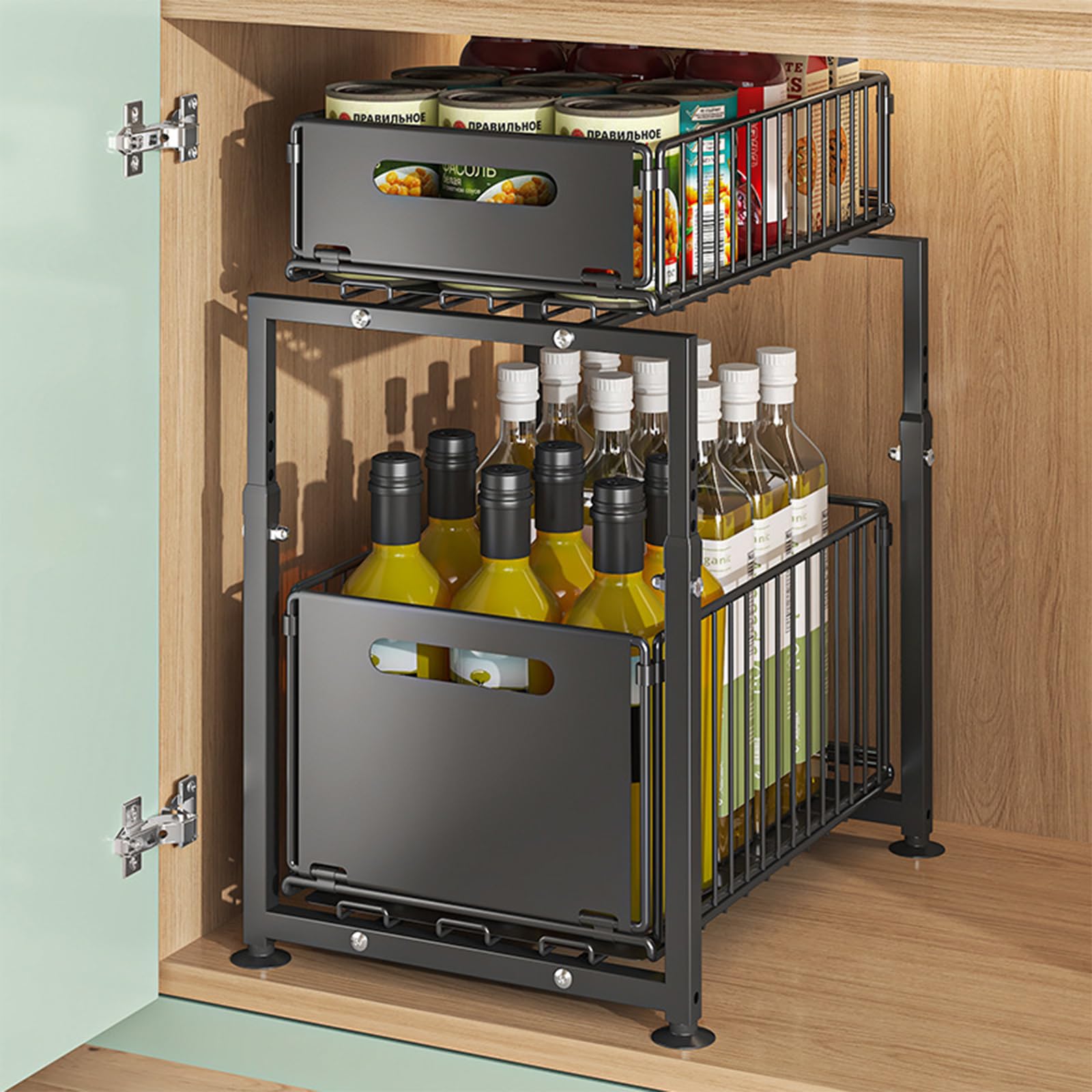 Armadio portaoggetti da cucina a doppio strato in metallo | Cassetto telescopico estraibile, cassetto estraibile da cucina, in metallo, Per mobili da cucina, 37,5 x 29 x 41-49 cm