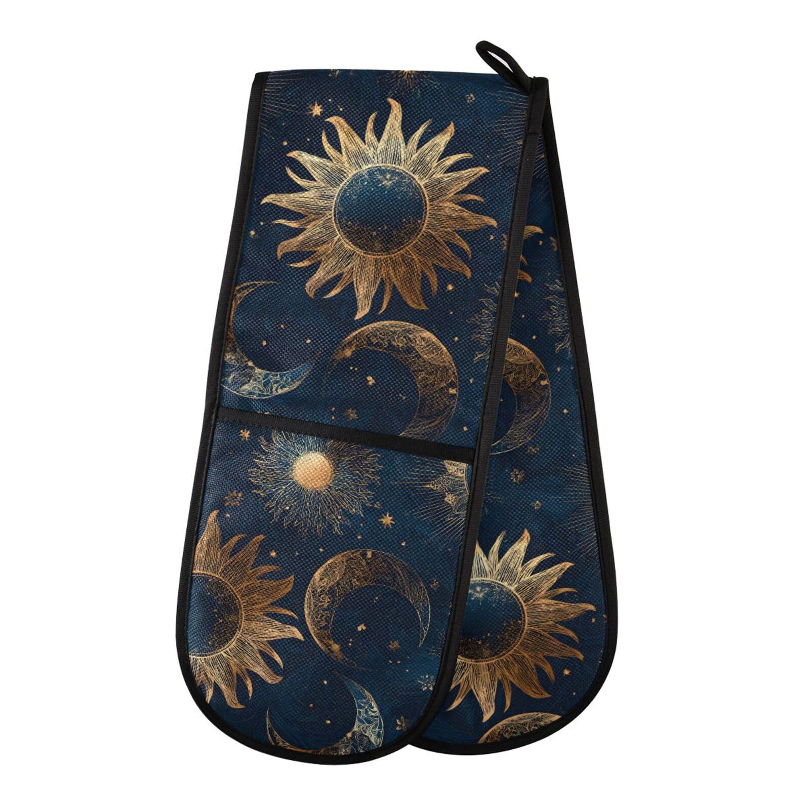 Manique double rétro lune et soleil gant de cuisine long 89x17 cm pour plats chauds