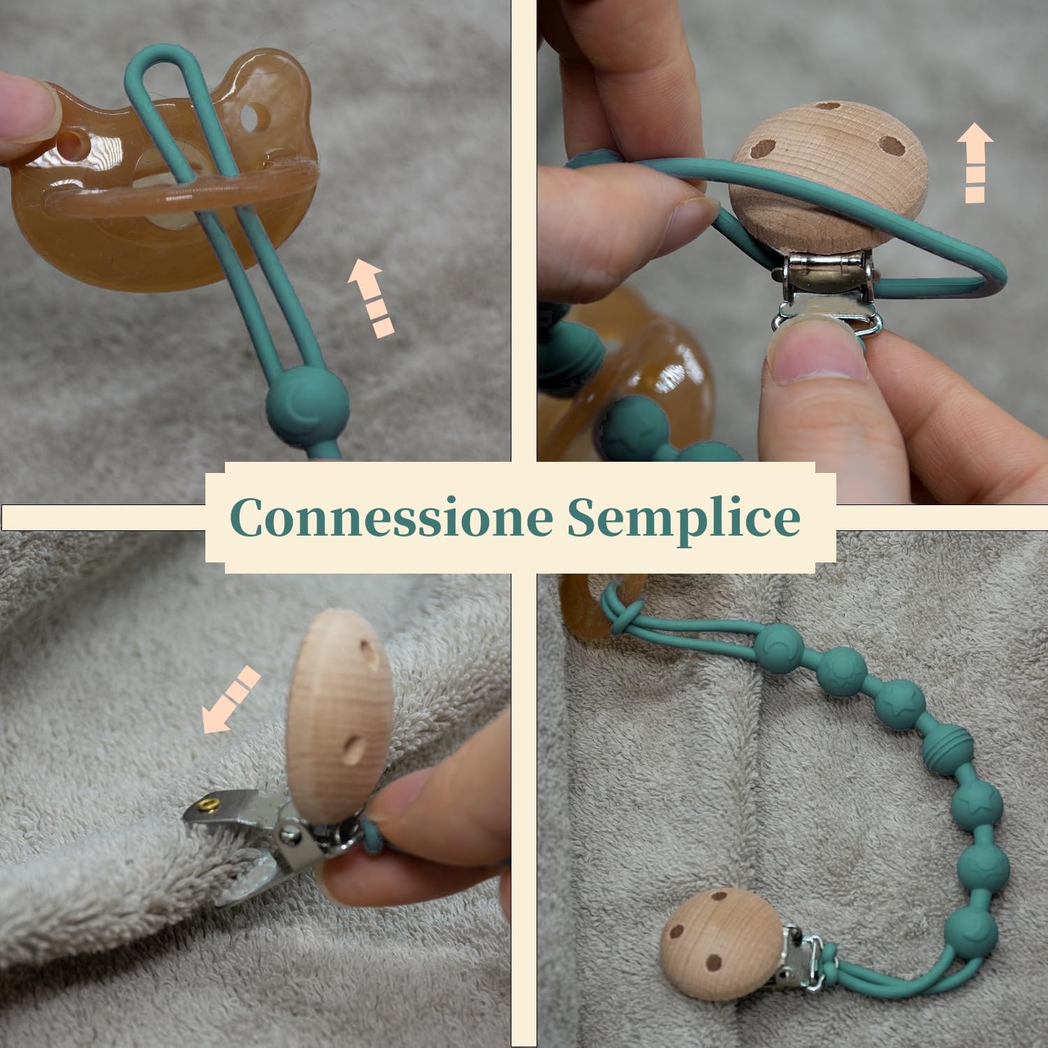 2 Pezzi Catenella Portaciuccio in Silicone,Set Catenelle per Ciuccio con 2 Pezzi Ciuccio Clip Adattatore, Portaciuccio Senza BPA,Catenelle per Ciuccio con Adattatore