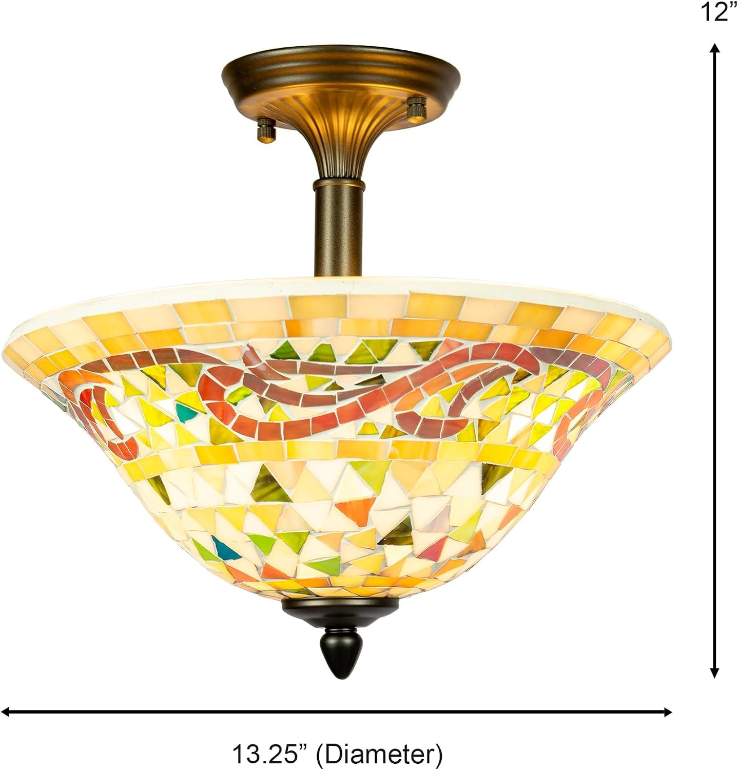Pemberly Row Mosaic Flush Mount Ceiling Light, 12 in x 13.25 in, Metal Antique Brass Finish, Beige Multicolor Mosaic Glass Shade, 3-Bulb, Indoor Foyer or Entryway Lighting Fixture
