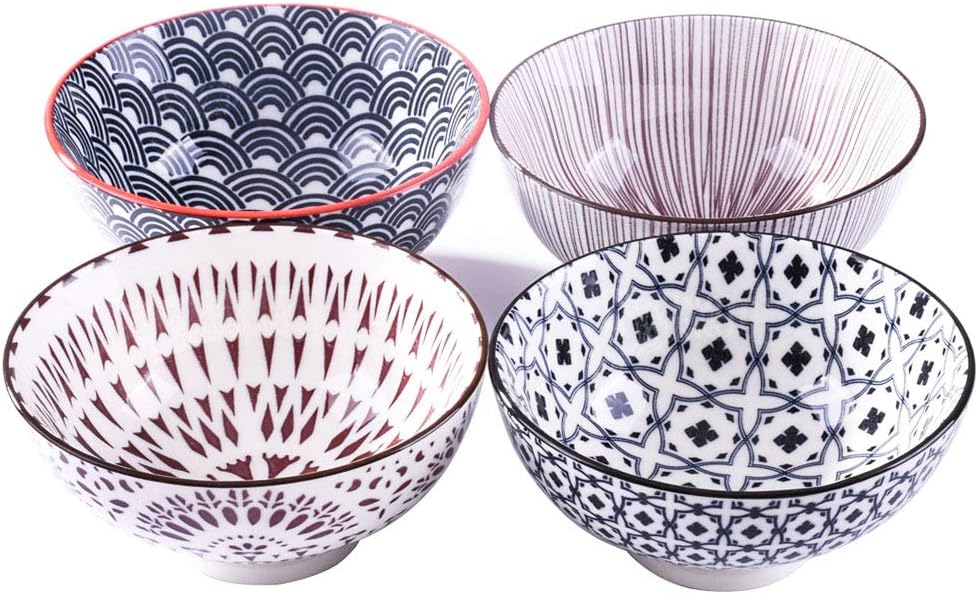 Set of 4 Japanese Ceramic Rice Bowls, 4.5" Assorted Pattern Porcelain Bowls for Ramen, Soup & Cereal, 10.6oz Deep Round Asian Bowls, Microwave & Dishwasher Safe, Gift Set of 4