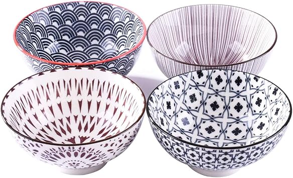 Ceramic Rice Bowls Set of 4, 10.6oz Japanese Style Modern Decorative Prep Bowls, Small Cereal Bowls for Soup, Miso Or Oatmeal, Dishwasher & Microwave Safe
