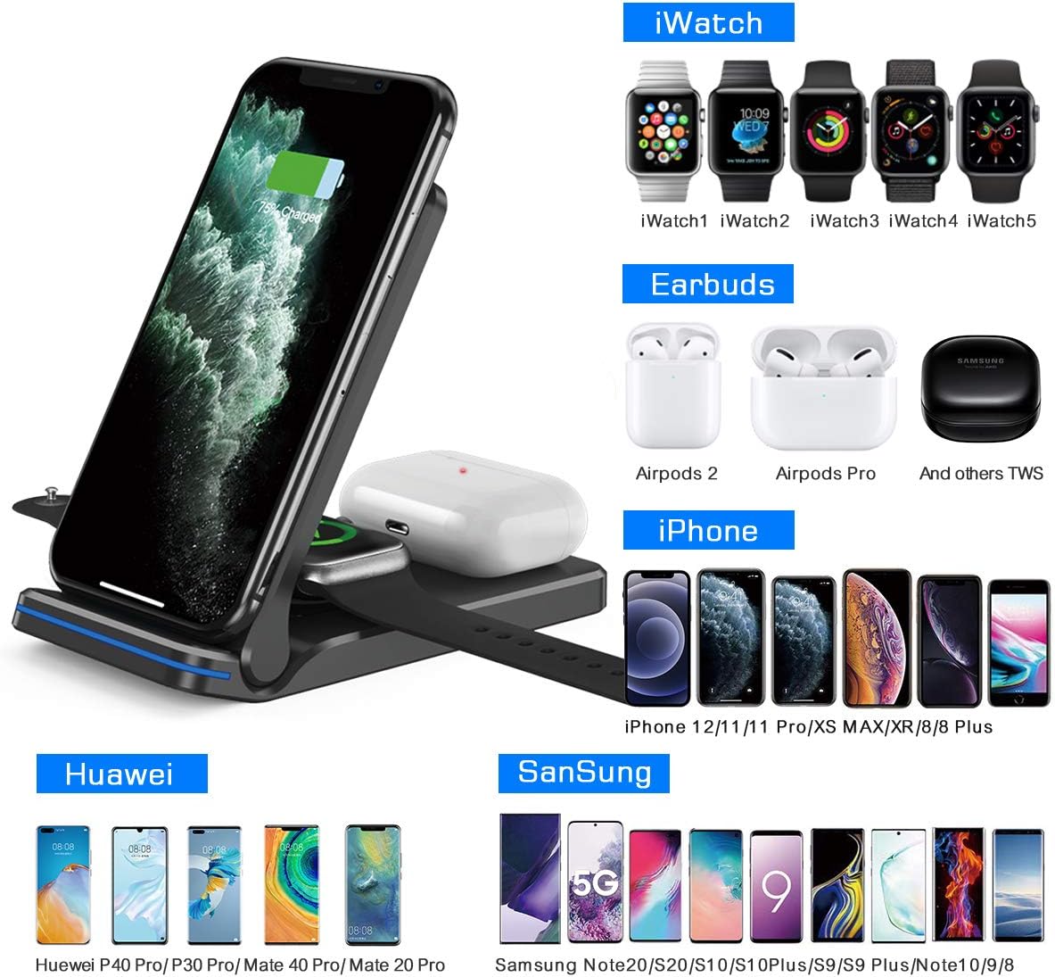 Top Rated QTlier Wireless Charger, Foldable 3 in 1 Qi-Certified 15W Fast Charging Station for Air pods/Apple Watch se/6/5/4/3/2/1, Charging Stand for iPhone 12/11/11pro/X/XS/XR/Xs Max/8/8 Plus/Samsung (Black)