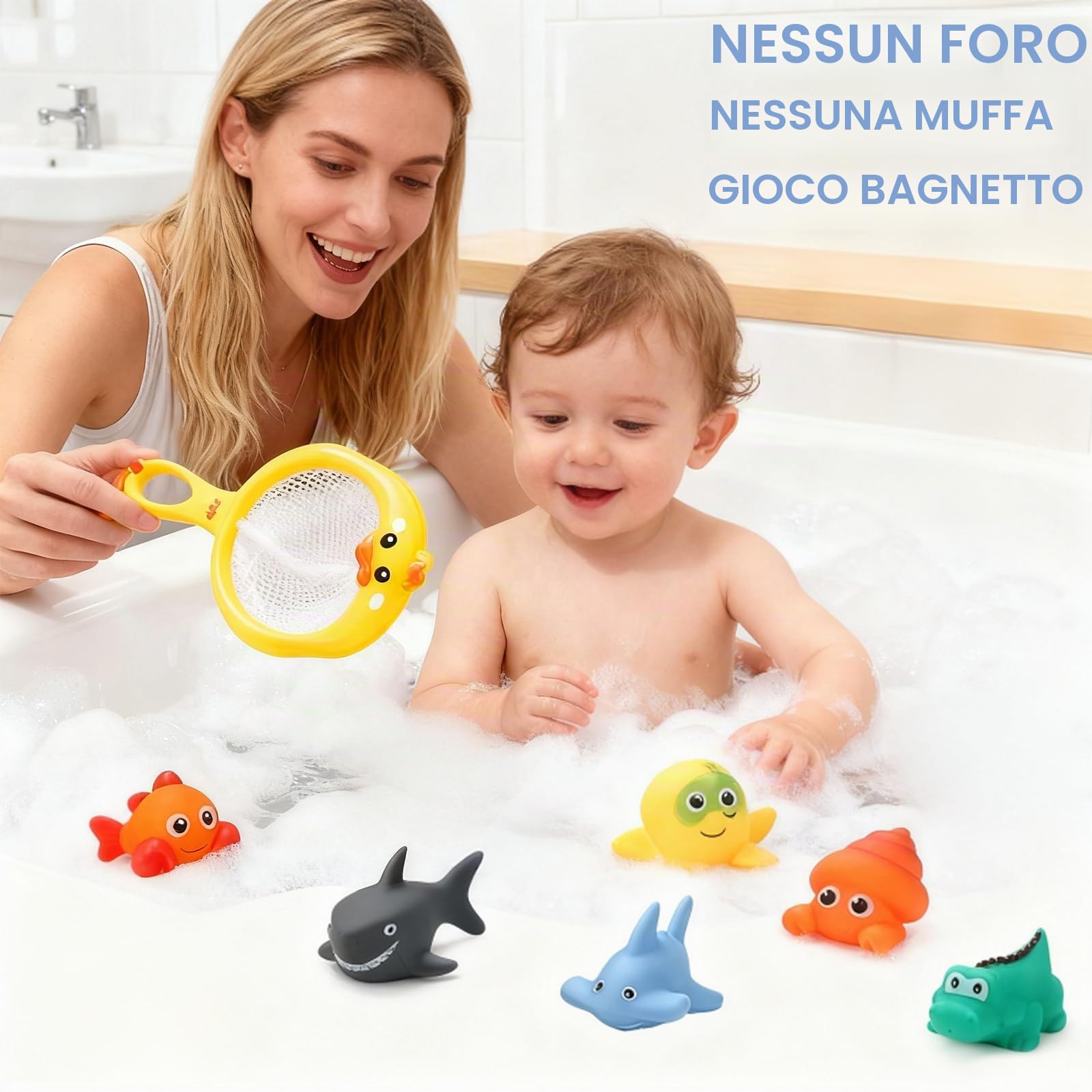 Giochi Bagnetto antimuffa senza fori per Bambini 1 2 3 4 Anni, Giochi Acqua Neonato, giochi piscina neonato, giochi vasca da bagno bambini, Giocattoli da Bagno Morbidi Galleggianti