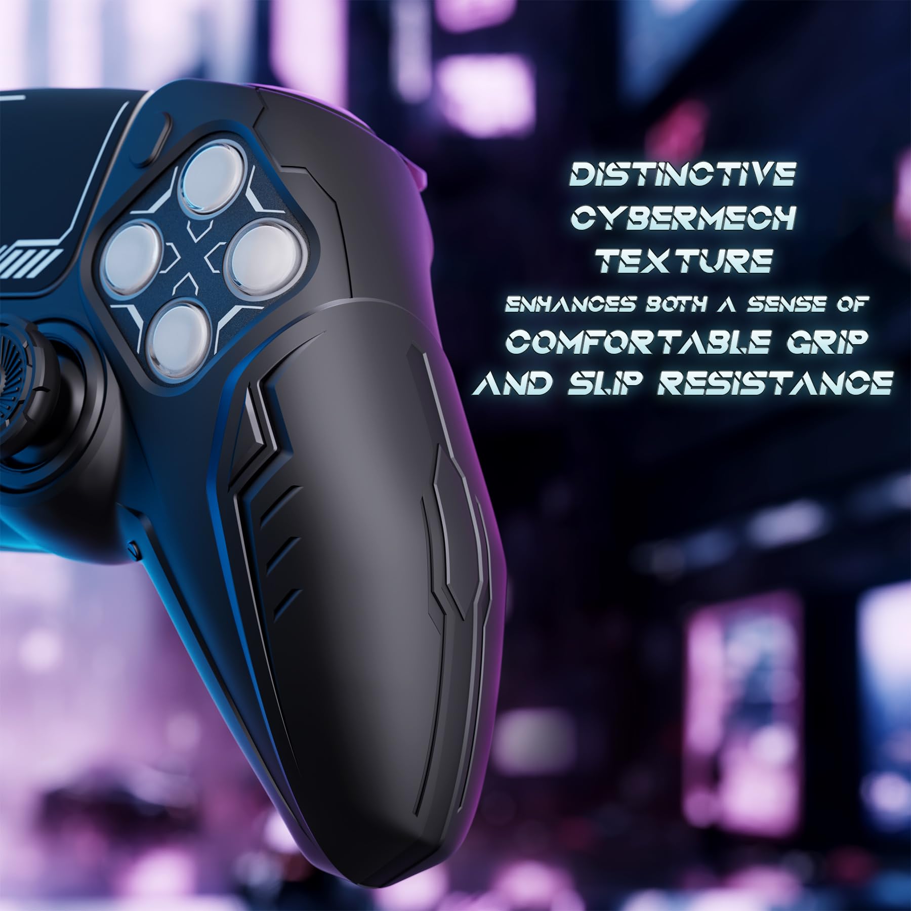 PlayVital Cover Silicone per ps5 Controller,Joystick Custodia Protettiva Antiscivolo&Copri Analogici&Adesivo Touchpad,Compatibile con Base di Ricarica,CyberMech-Nero