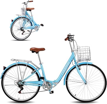 Ktaxon Foldable Beach Cruiser Bike, 26" Folding Womens Bike with 7 Speed Shifting, Foldable Basket, Adjustable Seat, Removable Lock & Dual V-Type Brakes for Women & Adults