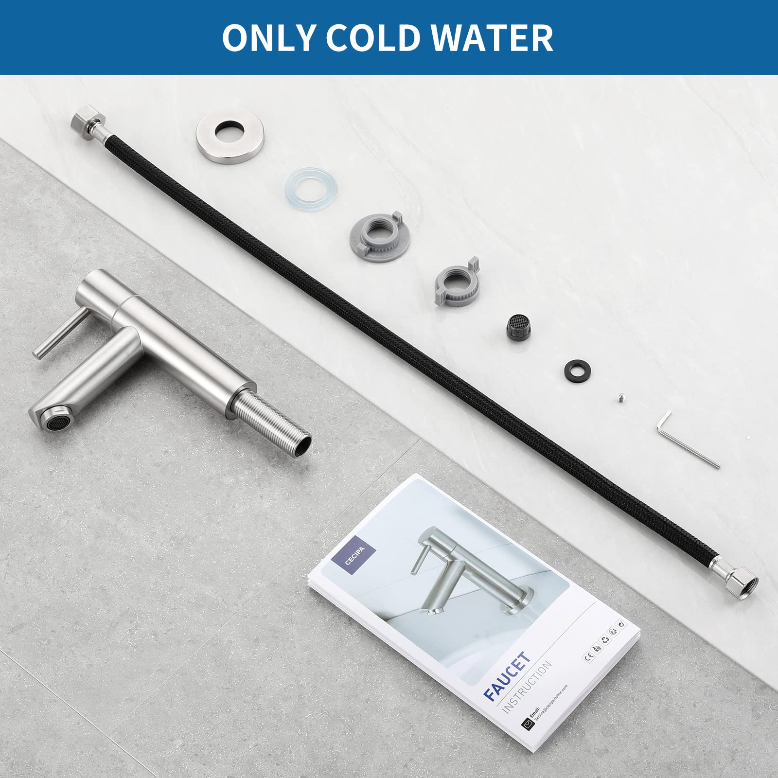 CECIPA Robinet Lavabo Eau Froide avec Flexible Raccordement, Robinet Lave Main Eau Froide Uniquement avec Bec Hauteur 93.4 mm, Robinetterie Pour WC et Salle de Bain | Eau froide uniquement, aérateur interchangeable, certifié DVGW, valve de haute qualité,