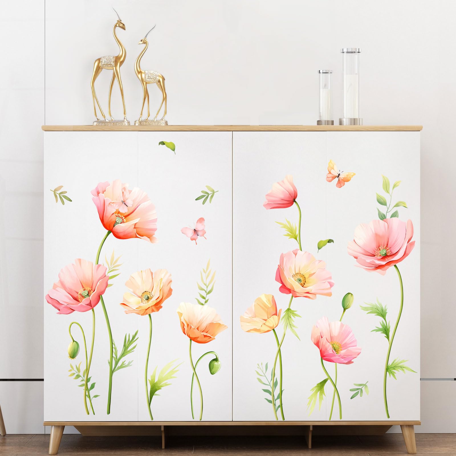 Large Flower Wall Stickers Pink Poppy Butterfly Wall Decals Floral Wall Art Decor for Living Room Bedroom Office TV Sofa Backdrop Home Decor - Image 3
