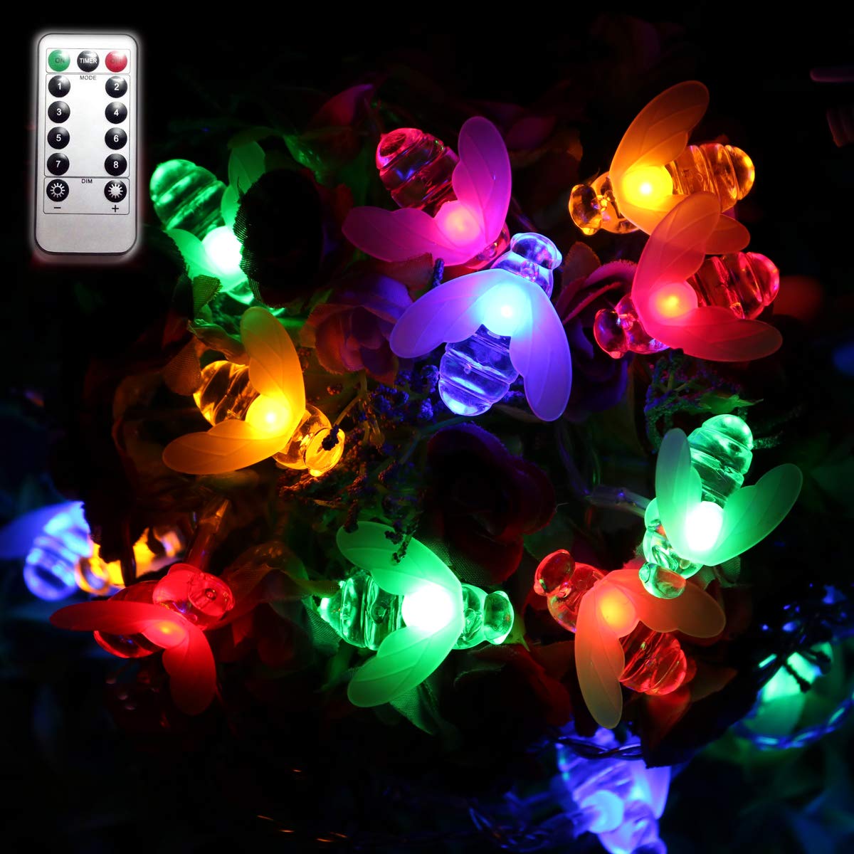 DreamworthBee String Lights, 19.6Ft 40 Led Bee Shape Fairy String Lights Battery Operated String Lights with Remote Control for Garden, Patio, Lawn Decoration (Colorful)