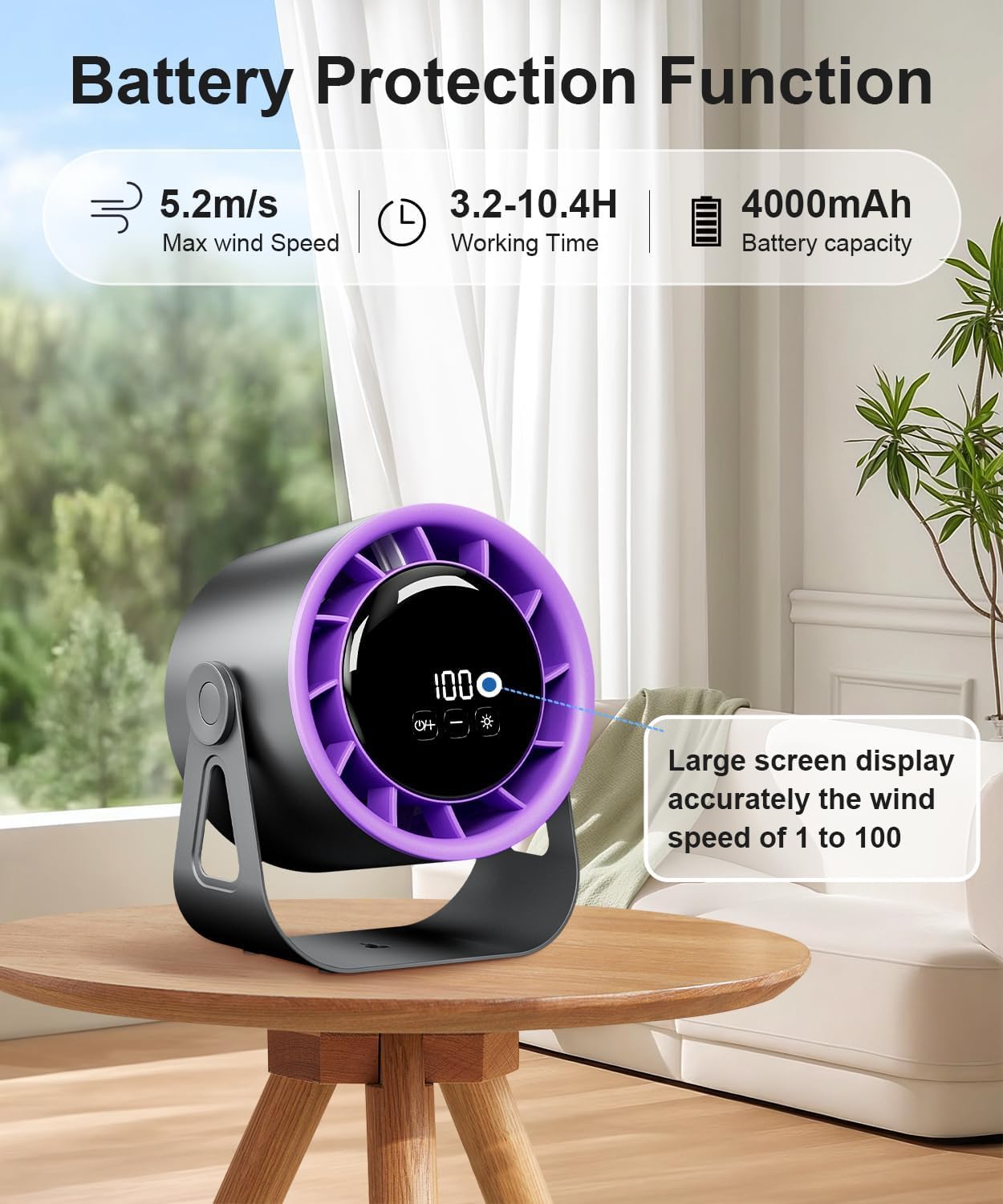 Macchiatto Tischventilator USB mit Akku, Leiser Mini Ventilator, 4 Geschwindigkeiten, 360° Verstellbar, Wiederaufladbar