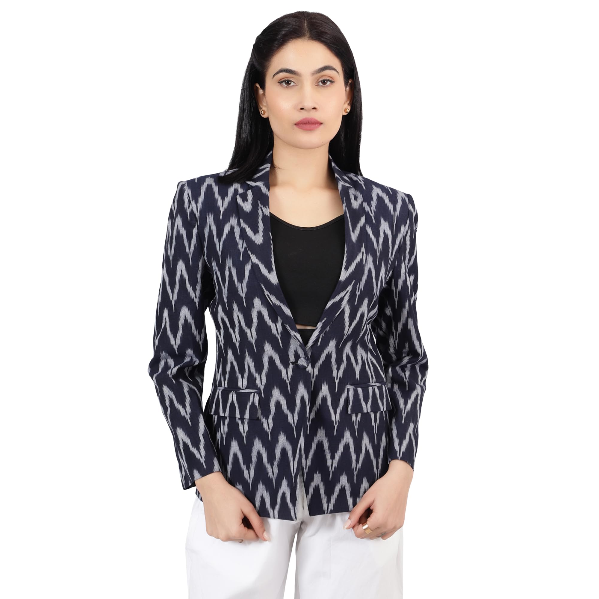 indophilia Womens Ikat Blue Cotton Blazer-picture-44