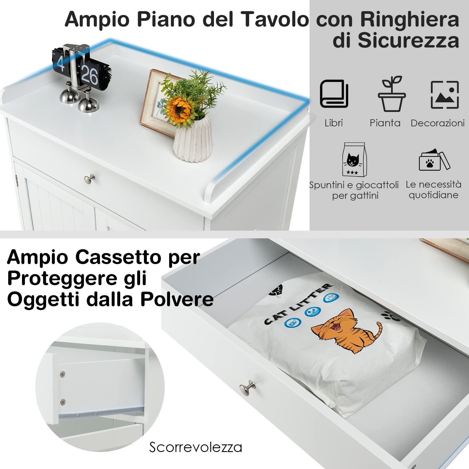COSTWAY Mobile Lettiera per Gatti in Legno, con Portaoggetti, Bianco