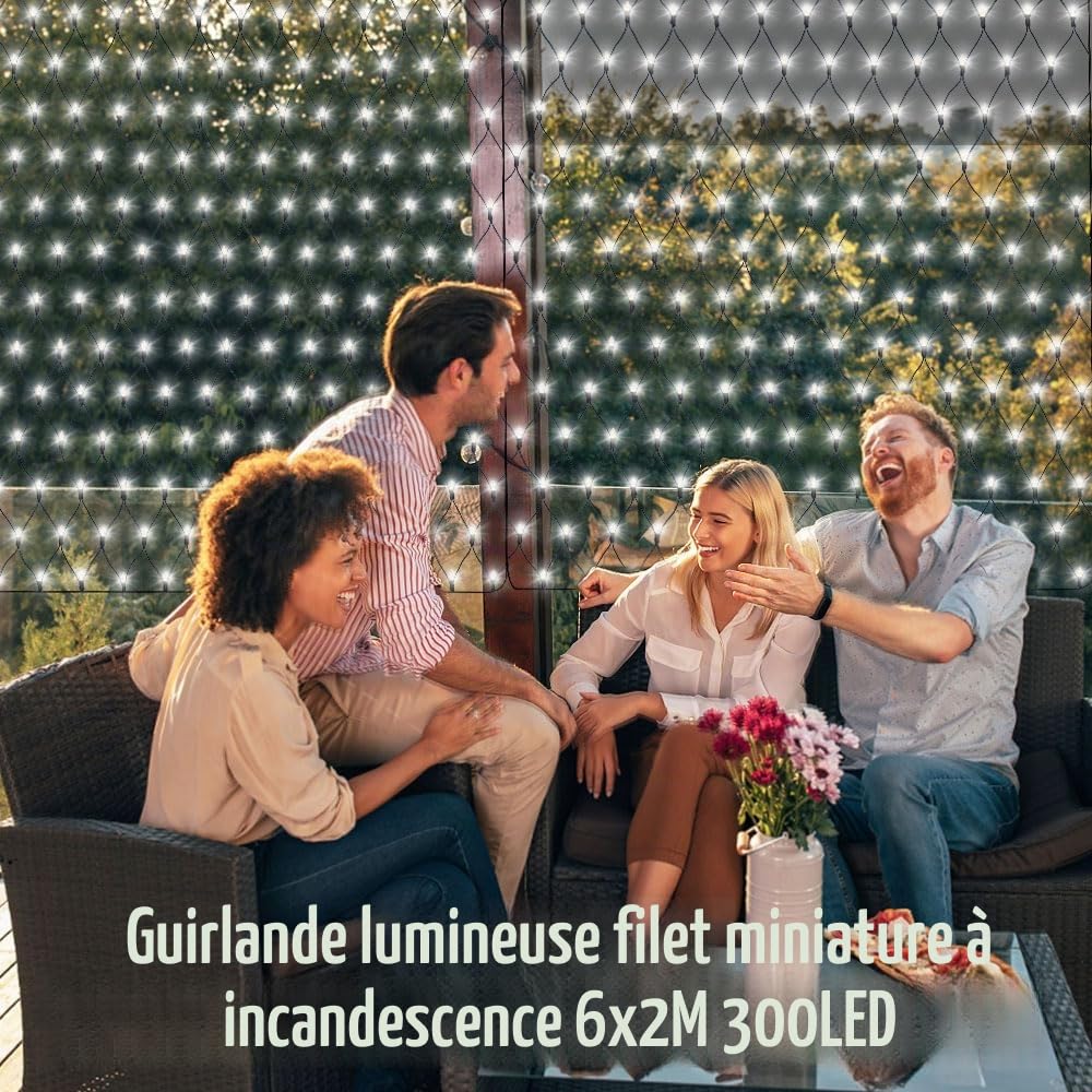 Filet Lumineuse Nettes Extérieure - Avec prise - 6 x 2 m - 300 LED - Étanche - 8 Modes Dimmable - Avec télécommande et minuterie - Décoration Extérieur Mariage Noël Fêteardin Patio Clôture- Blanc