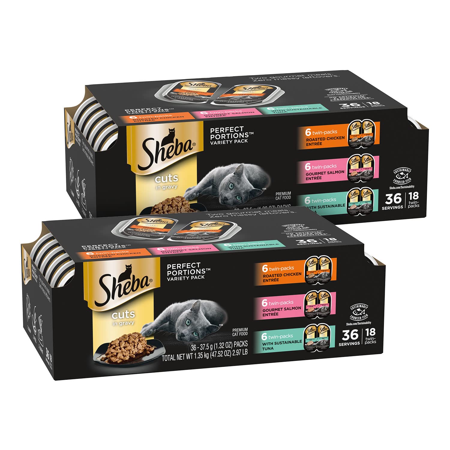 SHEBA Perfect Portions Cuts in Gravy Wet Cat Food Trays, (36 Count, 72 Servings), Roasted Chicken, Gourmet Salmon, and Sustainable Tuna Entre, Easy Peel Twin-Pack Trays (Pack of 2)(BB/03/14/2025)