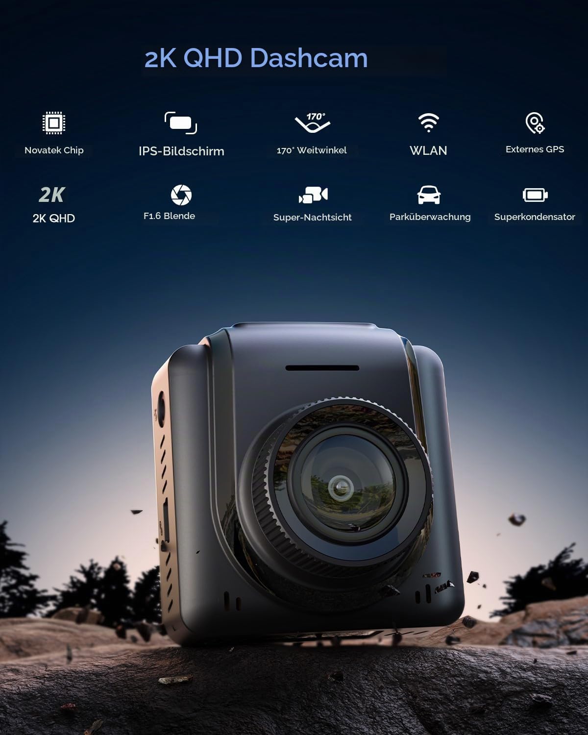2K Dashcam, WLAN-Frontkamera, Mini-Kamera für Auto, unterstützt EIN externes GPS-Modul, App, Ultra-Nachtsicht, WDR, 24-Stunden-Parkmodus und Bewegungserkennung, G-Sensor