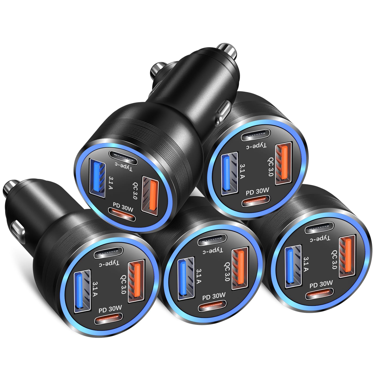 Adaptador de cargador de coche (5 unidades, 65 W, multipuerto, 12 V, USB C y USB A, cargador de coche PD+QC 3.0, carga rápida, encendedor de cigarrillos, enchufe USB para iPhone 16, 15, 14,