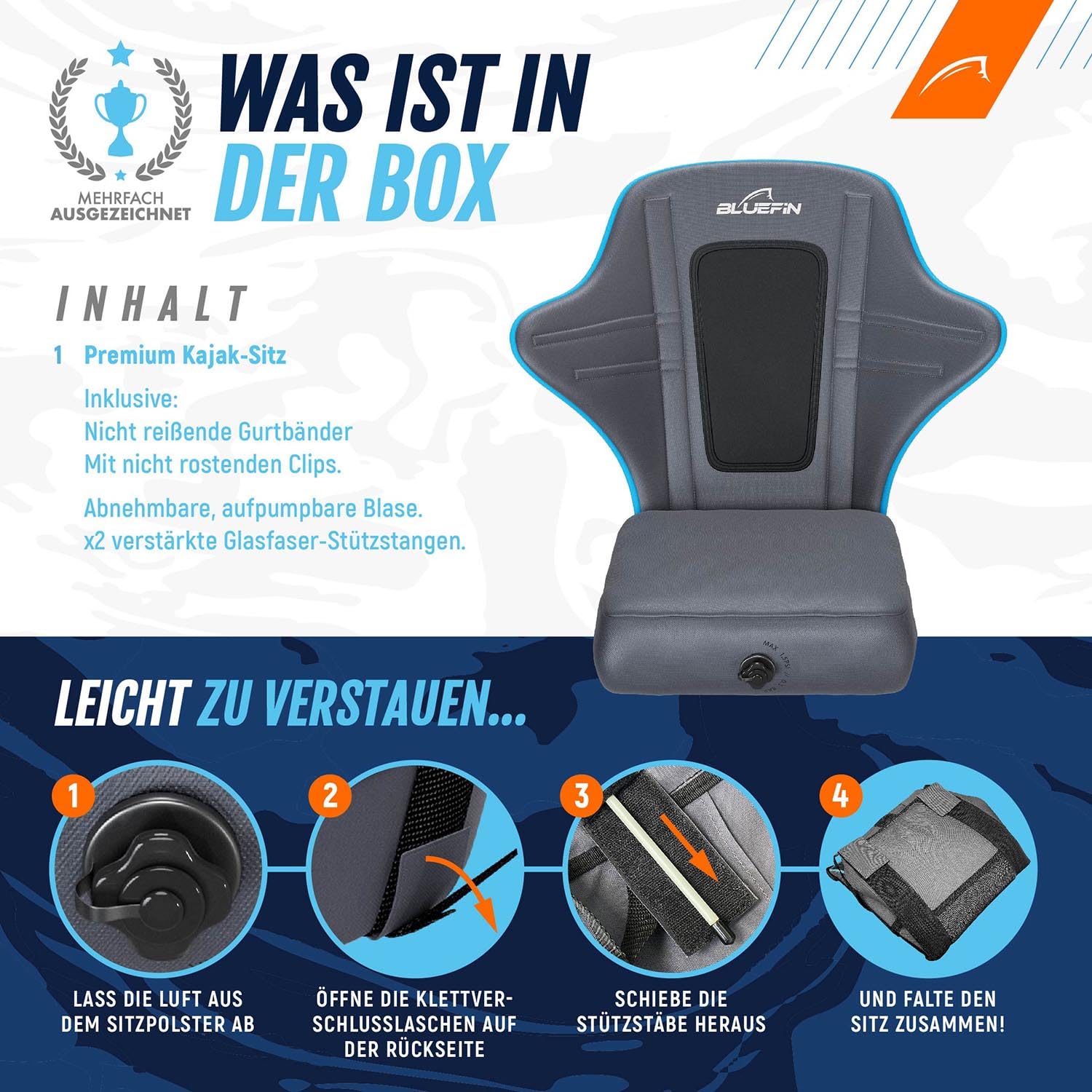 Bluefin SUP & Kajak-Sitz | Aufblasbares Sitzpolster, Netz-Tasche | Verstellbare Riemen, rostfreie Clips | Verstärkte Stützstangen | Leichter Quick-Dry-Sitz | Grau