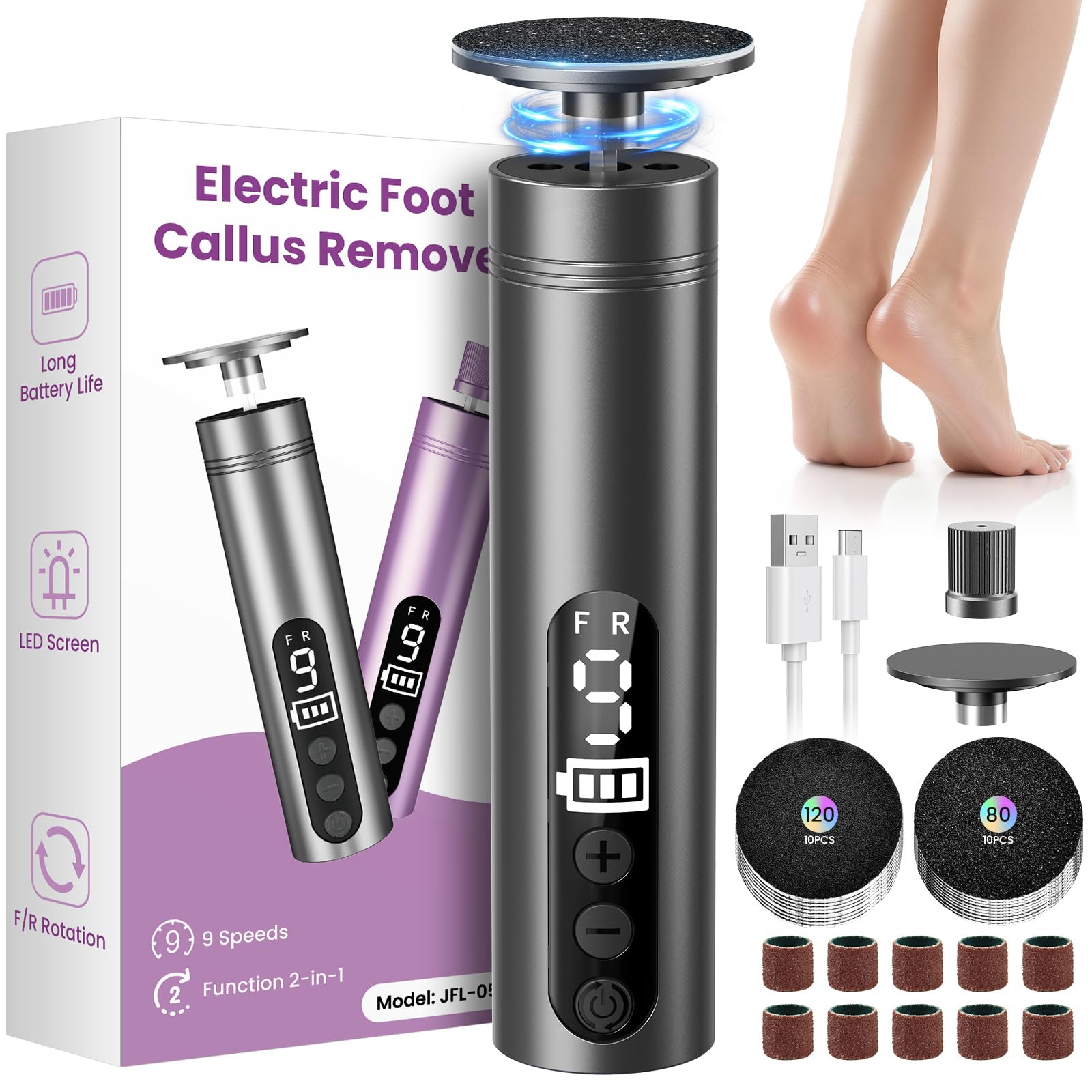 Hornhautentferner Elektrisch 2-IN-1, 9 Geschwindigkeiten Elektrischer Hornhautentferner, Wiederaufladbar mit Type-C, Pediküre Fußpflege Set Elektrisch für Tote Harte Rissige Haut