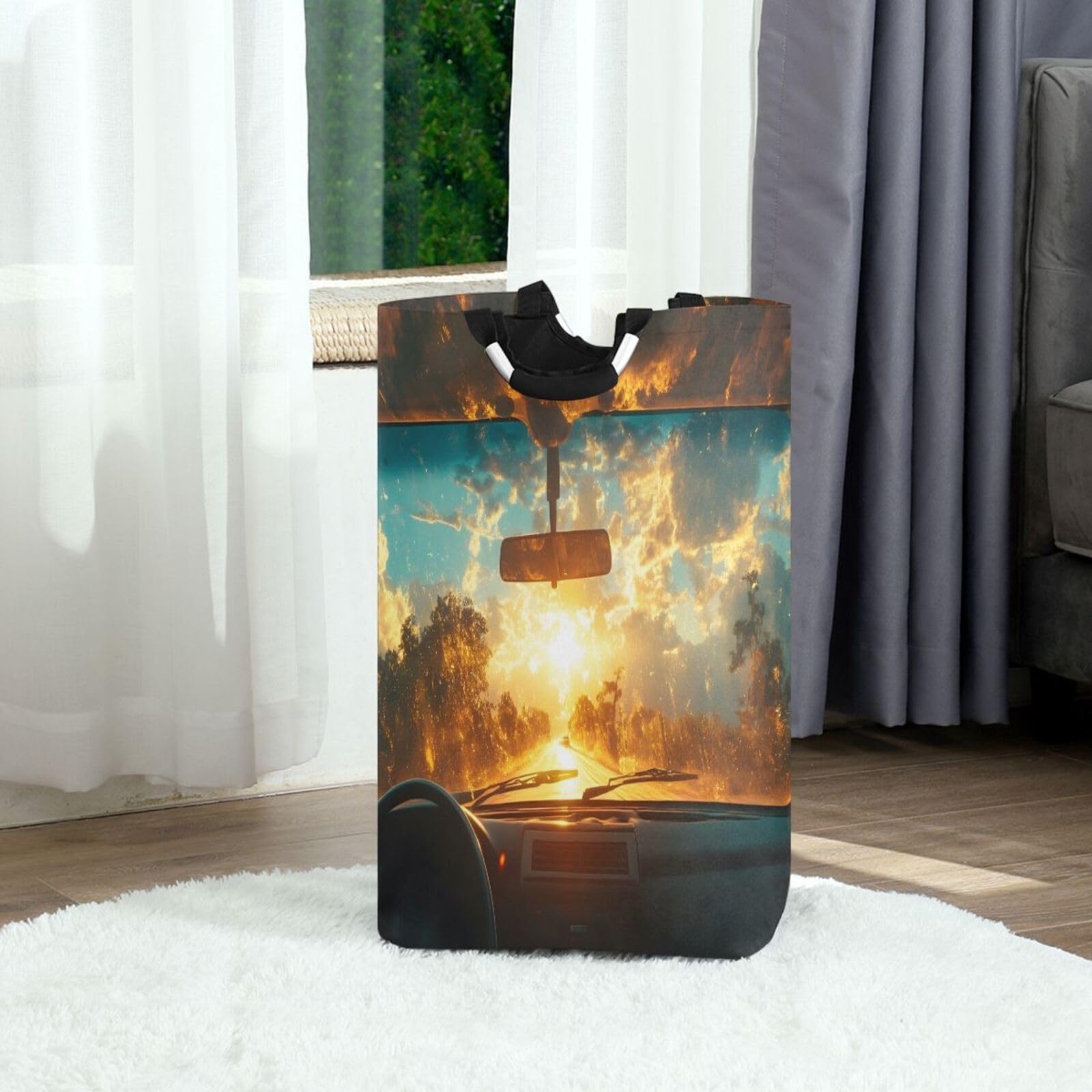 Jihqo Laundry Hamper Basket Car Window Outside Sunrise View Collapsible Nursery Storage Bin Waterproof Clothing Baskets for Home Bedroom Bathroom Washing Room