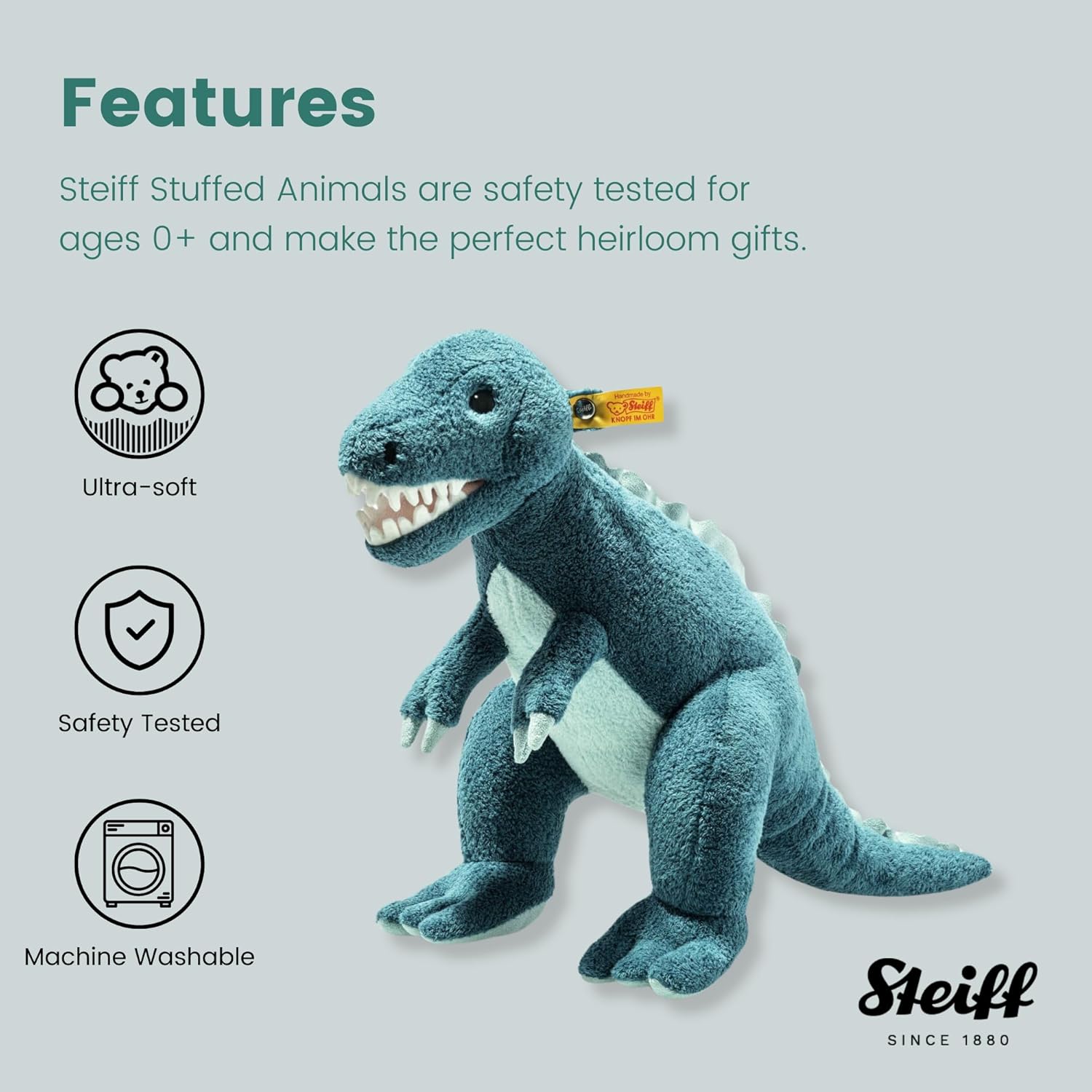 Steiff Thaisen Tyrannosaurus T-Rex Dinosaur Plush Stuff Animal Toy Friend, Blue, 14"