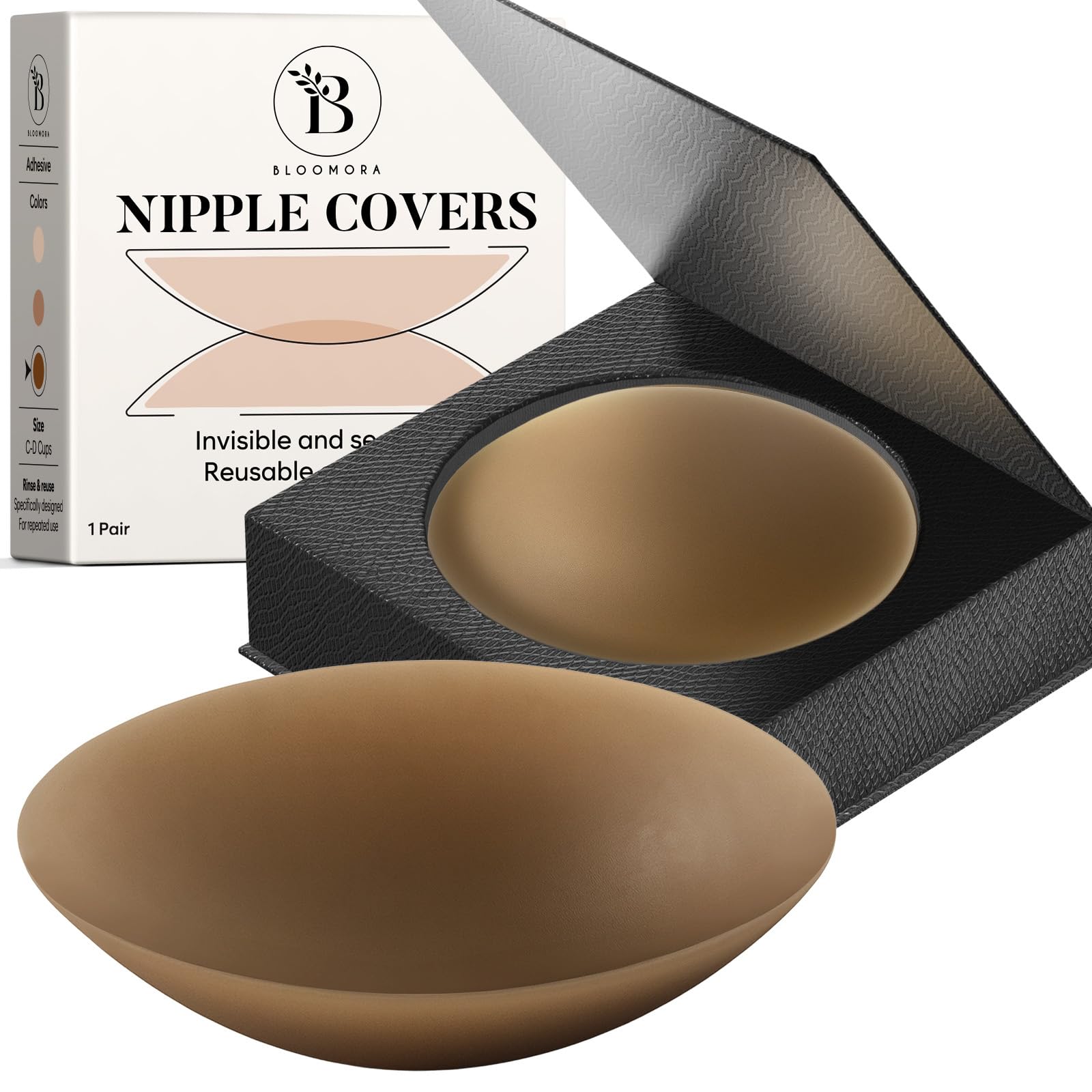 Bloomora Women's Circle Coco Nipple Covers For – Reusable Sticky Silicone Nipple Pasties With Storage Case – Seamless, Adhesive & Invisible – Size 1 (Cups A–B) – Coco