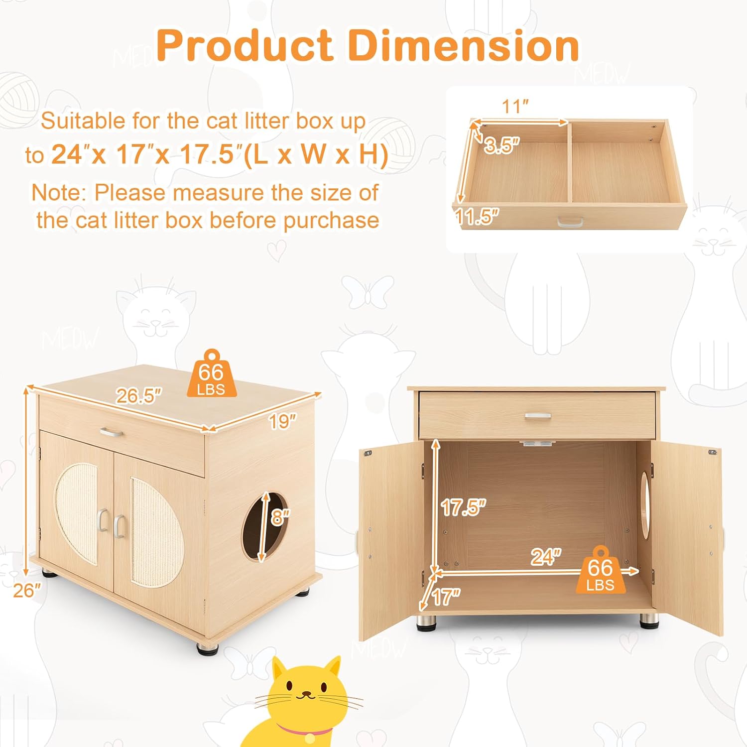 PETSITE Cat Litter Box Enclosure, Hidden Litter Box Furniture with Drawer and Adjustable Metal Feet, Wooden Pet House Side End Table, Indoor Litter Box Cabinet with Sisal Scratching Board Doors