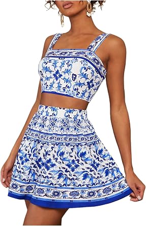 Floerns Womens 2 Piece Outfit Floral Print Crop Cami Top with Mini Skirt Set