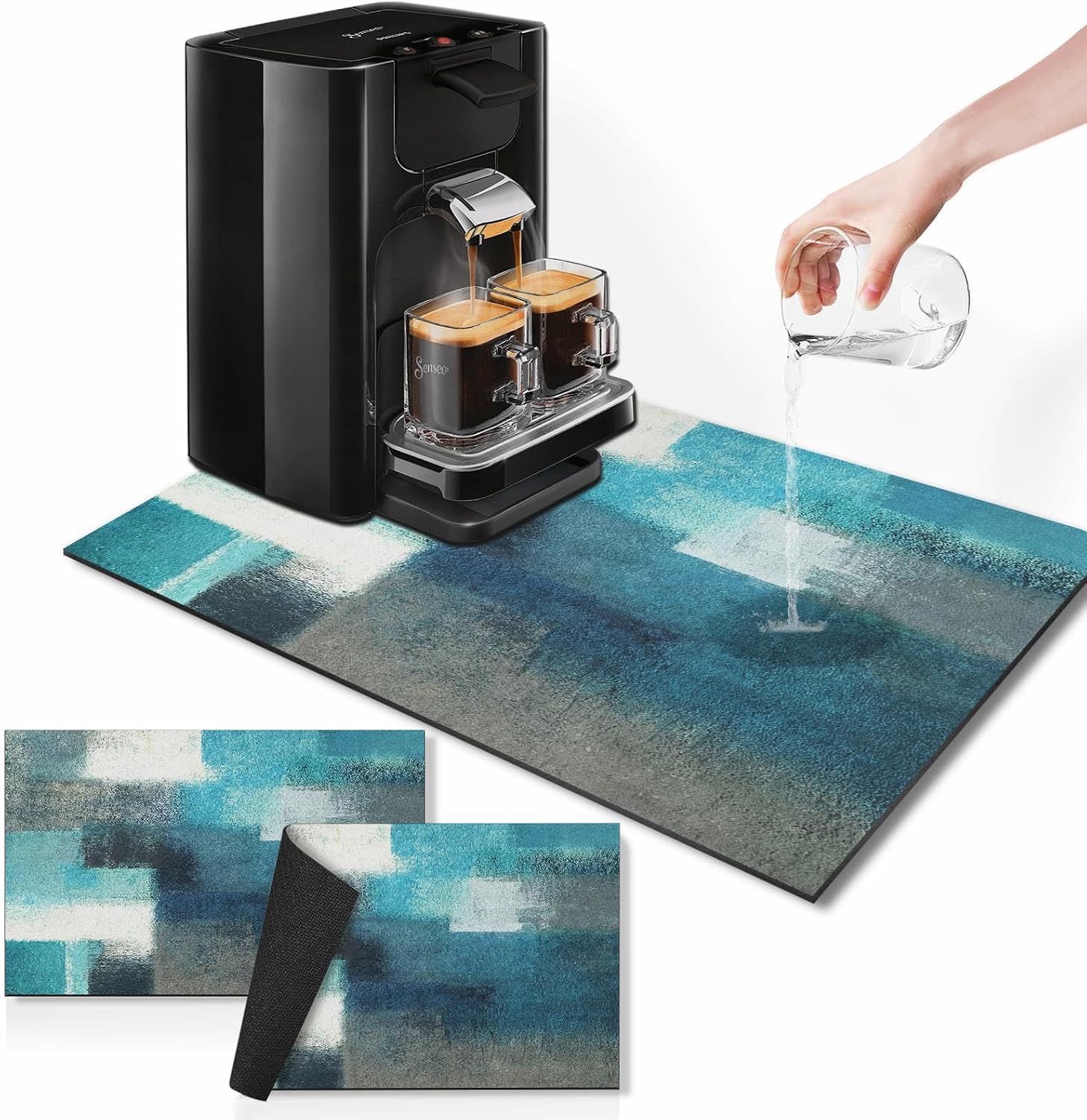 Arttown Coffee Mat for Countertops, 2 Pack, 12" x 19" Abstract Modern Teal