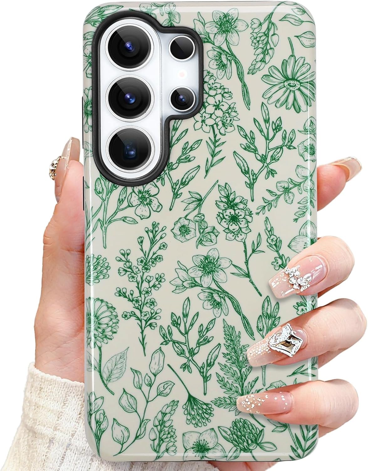 SOKAD Magnetic Sage Floral Phone Case for Samsung Galaxy S26 Ultra, Vintage Flower Pattern Compatible with Magsafe Glossy Protective Case Cover with Screen Protector for Girls Women, Green