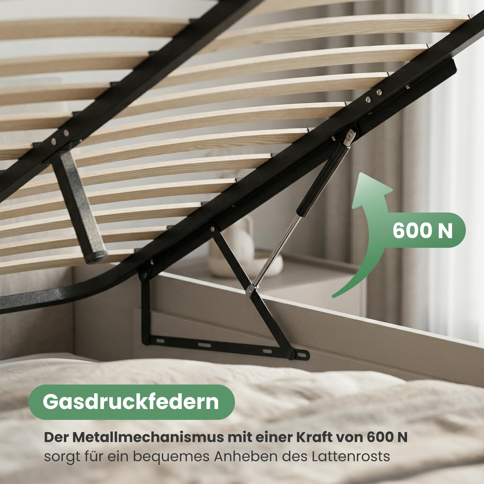 AKORD Metall-Lattenrost 140x200 cm mit Gasdruckfeder Hebemechanismus, 28 Holz-Leisten, Geteilter Bettrahmen bis 200kg belastbar, Schwarz
