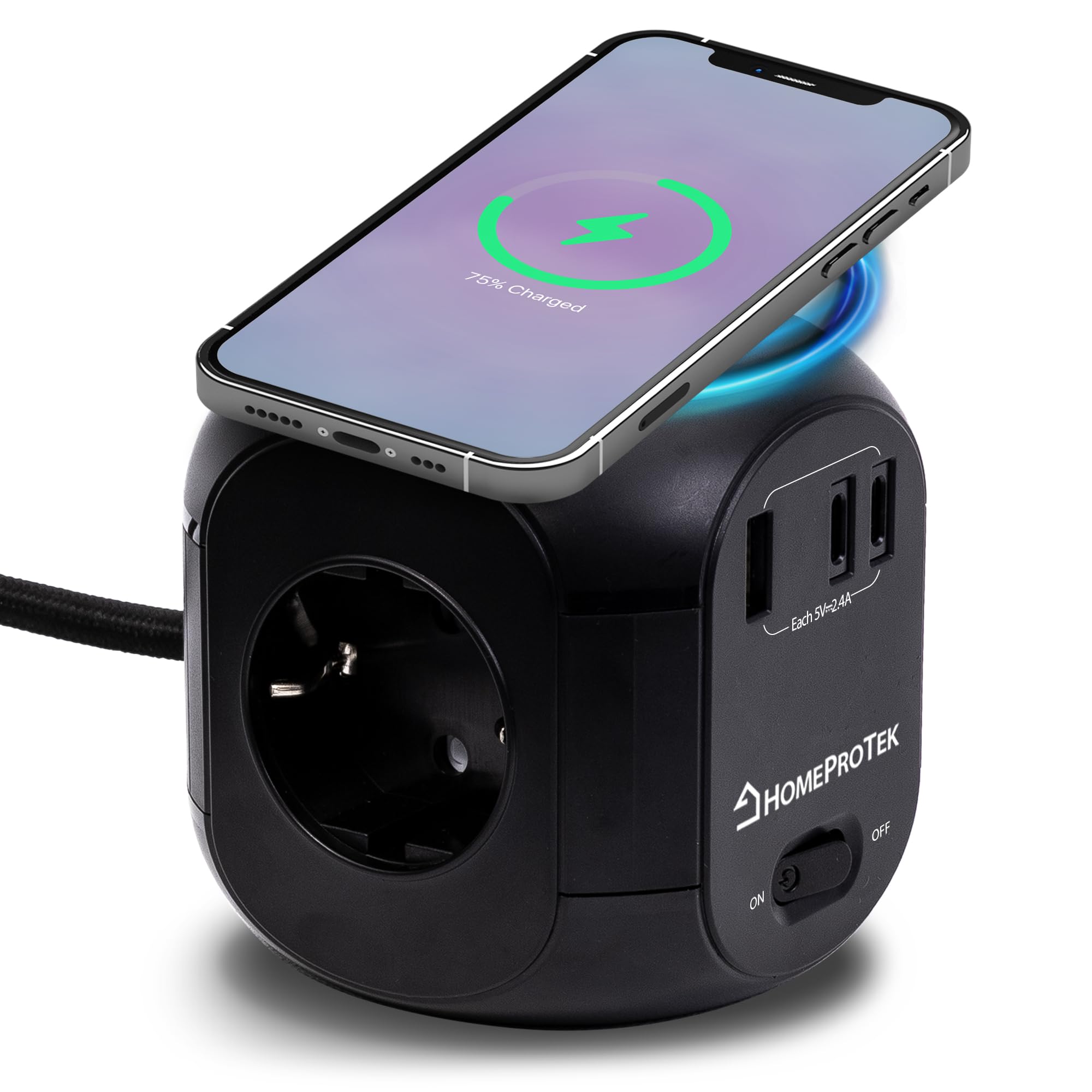 HomeProtek Multiprise Cube 3 Prises, USB-A, 2 USB-C, Noir | Chargeur sans fil et interrupteur; rallonge multiprise pour maison ou bureau