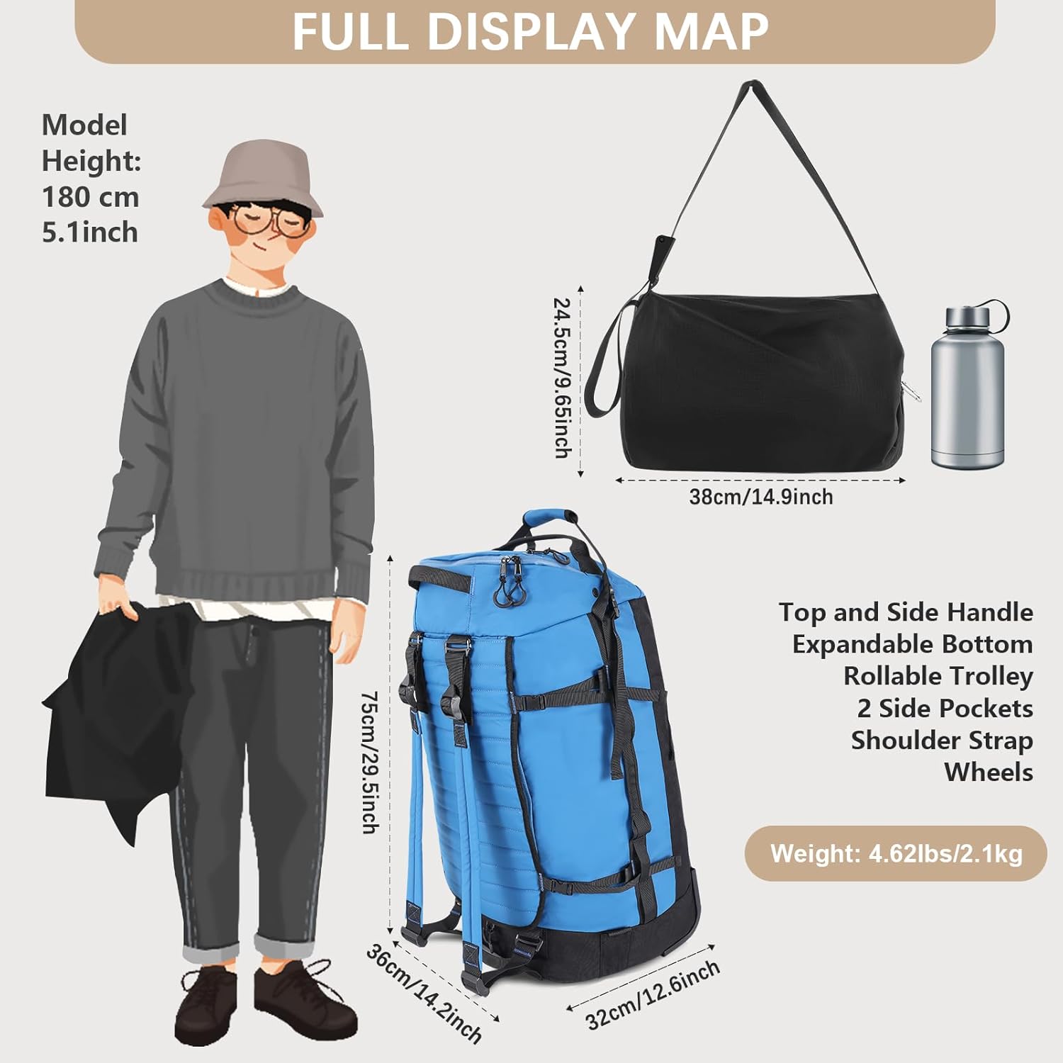 29" 86L Foldable Wheeled Duffle Bag, Waterproof Travel Rolling Backpack with Quilted Bottom, Blue - Image 2