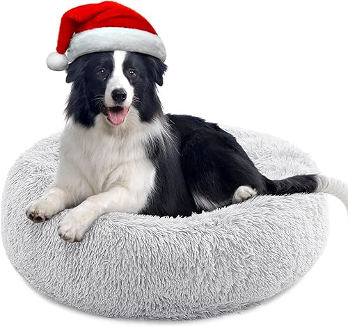 Cama calmante para perros medianos, cama para perros con forma de dona antiansiedad, cama redonda para perros, cama de piel sintética de felpa, cama