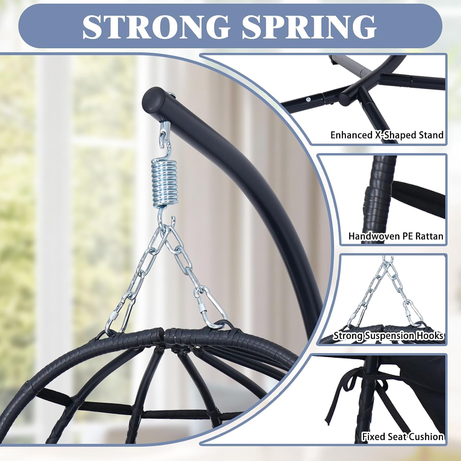 Hanging Egg Chair with Leg Rest and Stand – Rattan Wicker Swing Hammock Chair, UV-Resistant Cushion, 330 lbs Capacity Heavy-Duty Frame for Indoor & Outdoor Patio, Bedroom, Balcony, Garden (Black)