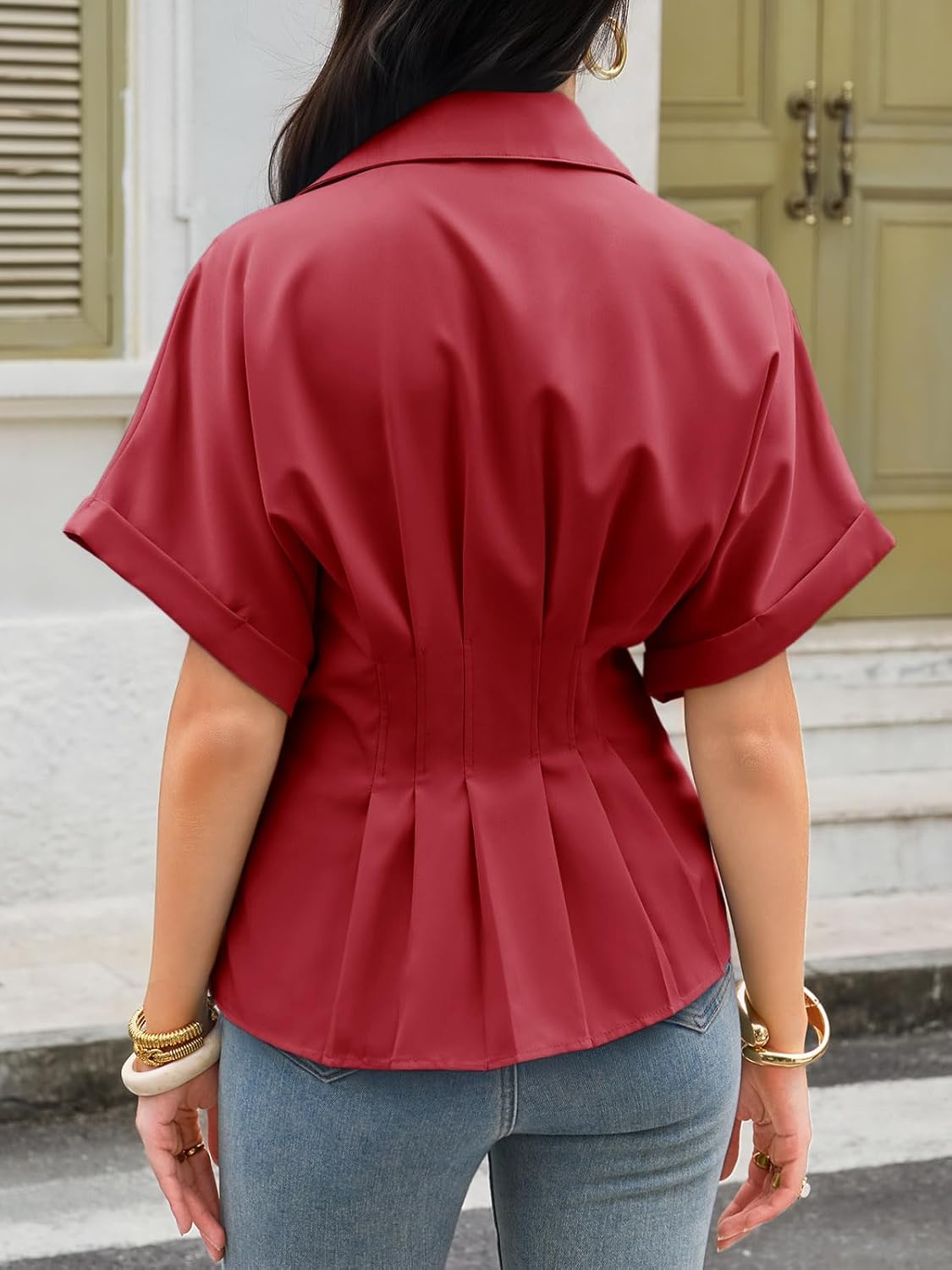 Cicy Bell Womens Pleated Button Down Blouse Summer Cuffed Short Sleeve Peplum Tops Casual Dressy Fitted Waist Shirts - Image 4