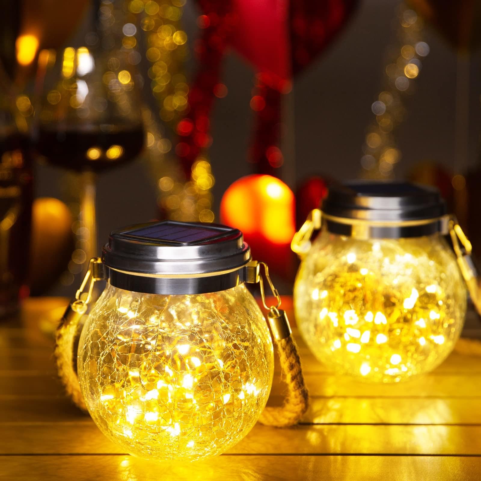 Solar Lantern Solar Glass Balls,Hanging LED Solar Garden Lights , Solar Mason Jar Light,IP65 Waterproof Glass Jar Fairy Lights for Balcony Fence Garden Patio Fence Yard Lawn Decoration,Yellow-2pcs