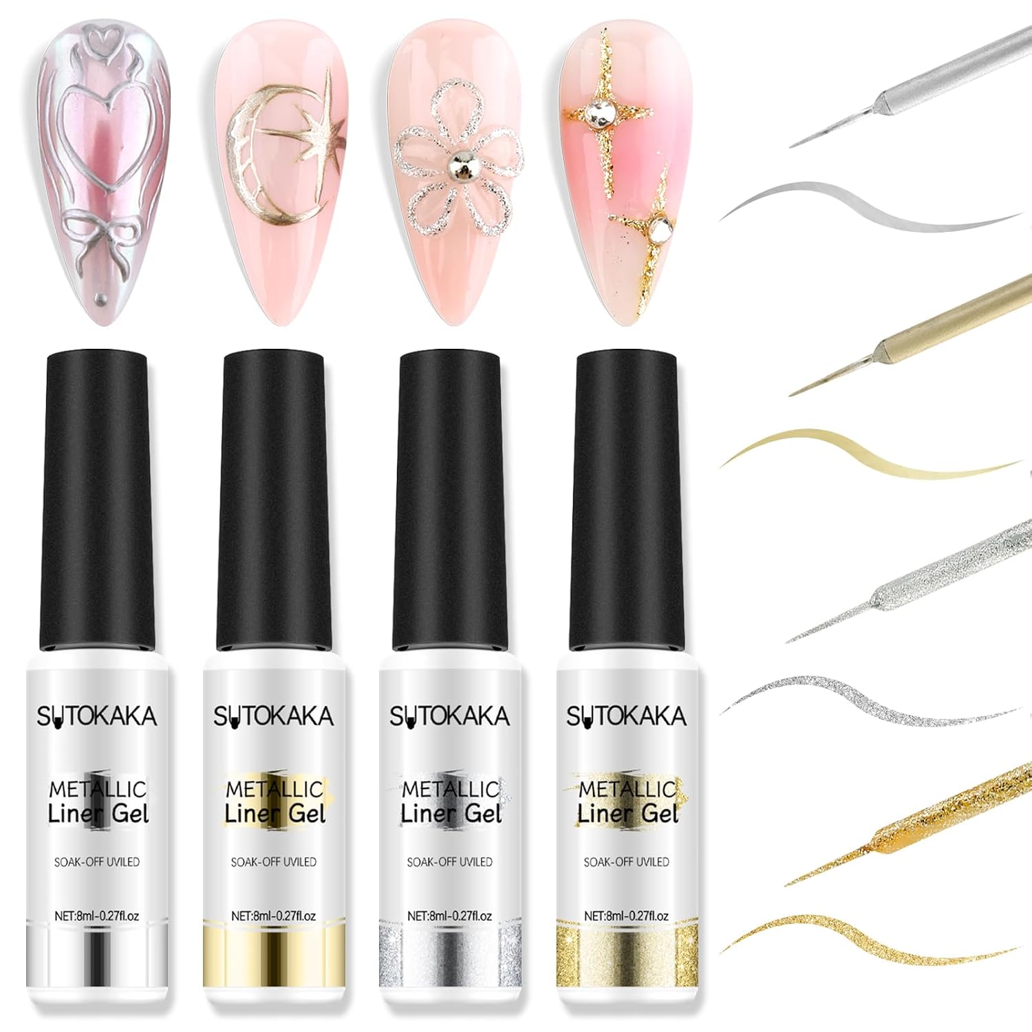 SUTOKAKA Nail Art Liner Gel Polish Set, 4pcs Metallic Silver Bronze Gold Glitter Reflective Colors Painted Drawing Stripper Gel Nail Polish Soak off Curing Requires with Thin Nail Art Brush