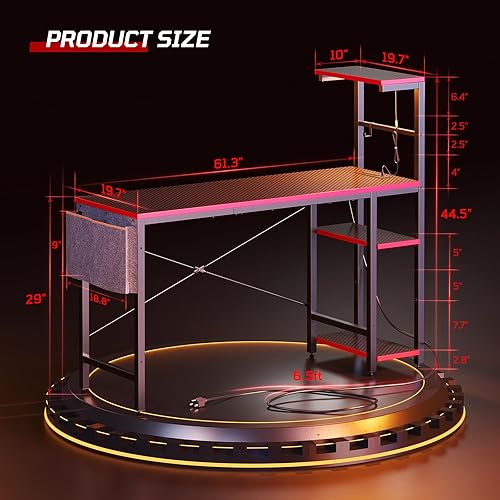 Miniatura 2 de Bestier Gaming Desk with Power Outlets, 61 Inch Large Led Gamer Desk with 4 Tiers Reversible Shelves, PC Gaming Table with Headset Hook & Side Fibra