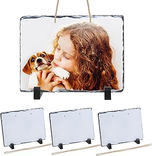 RECEZSYP 4 Pcs Sublimation Blank Slate Rock Stone Photo Frame with Lanyard and Display,Custom Heat Transfer Picture Frame for Heat Press Machine for Souvenir DIY Gift Decoration(6 x 7.9 Inch)