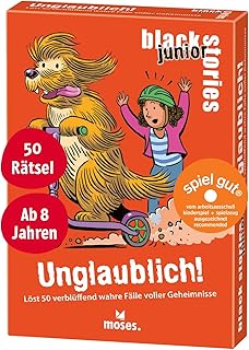 Moses. Black Stories junior Unglaublich! - 50 verblüffend wahre Rätselfälle voller Geheimnisse, Rätsel Kartenspiel mit Spielvariante und Punktechips, Rätselspiel für Kinder ab 8 Jahren