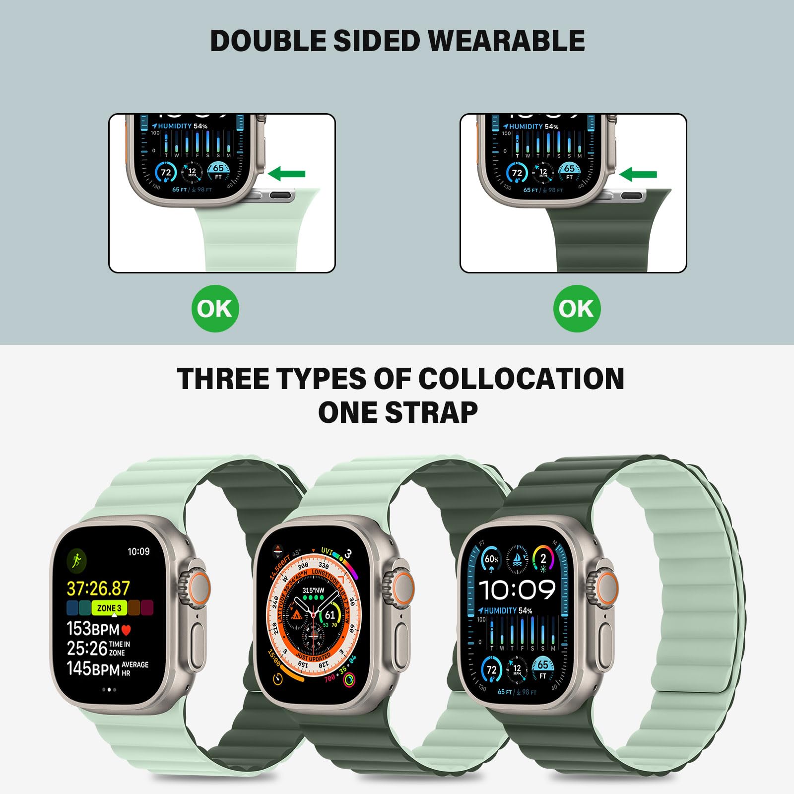 Bisikor Compatible with Apple Watch Strap 49/46/45/44/42/41/40/38mm Double Sided Wearable Silicone Magnetic Strap for iWatch Ultra SE Series 10 9 8 7 6 5 4 3 (42/44/45/46/49 - Image 3
