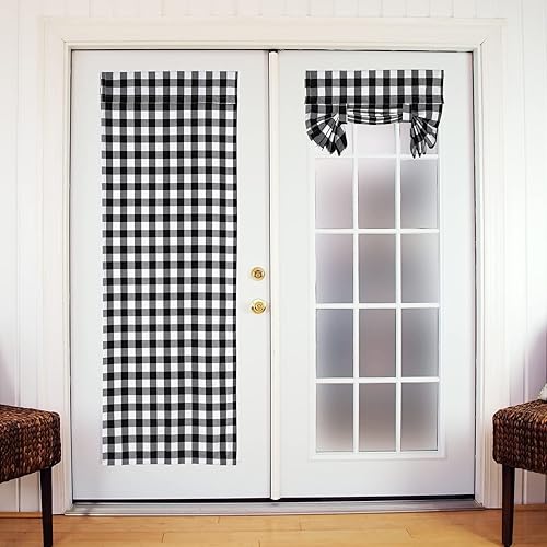 Cortina de puerta francesa de búfalo a cuadros para patio de cristal, pantalla de amarre frontal con correa adhesiva, 26 x 68 pulgadas, 2 paneles,