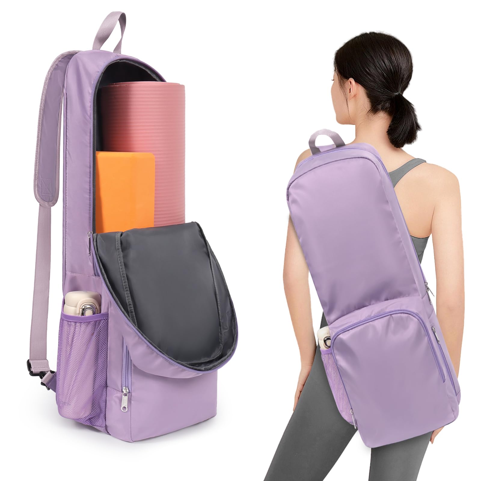 Tangoner Yoga Mat Bag Carrier Side Mesh Zipper Pocket Exterior Wet Compartment Lightweight Waterproof Yoga Bag for Mat (Purple)