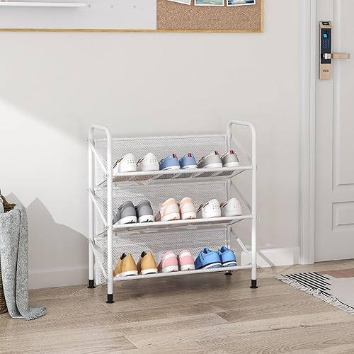 Miniatura 2 de Zapatero de 3 niveles para armario de tela de malla estrechos de metal, organizador de almacenamiento de zapatos pequeño para entrada, pasillo,