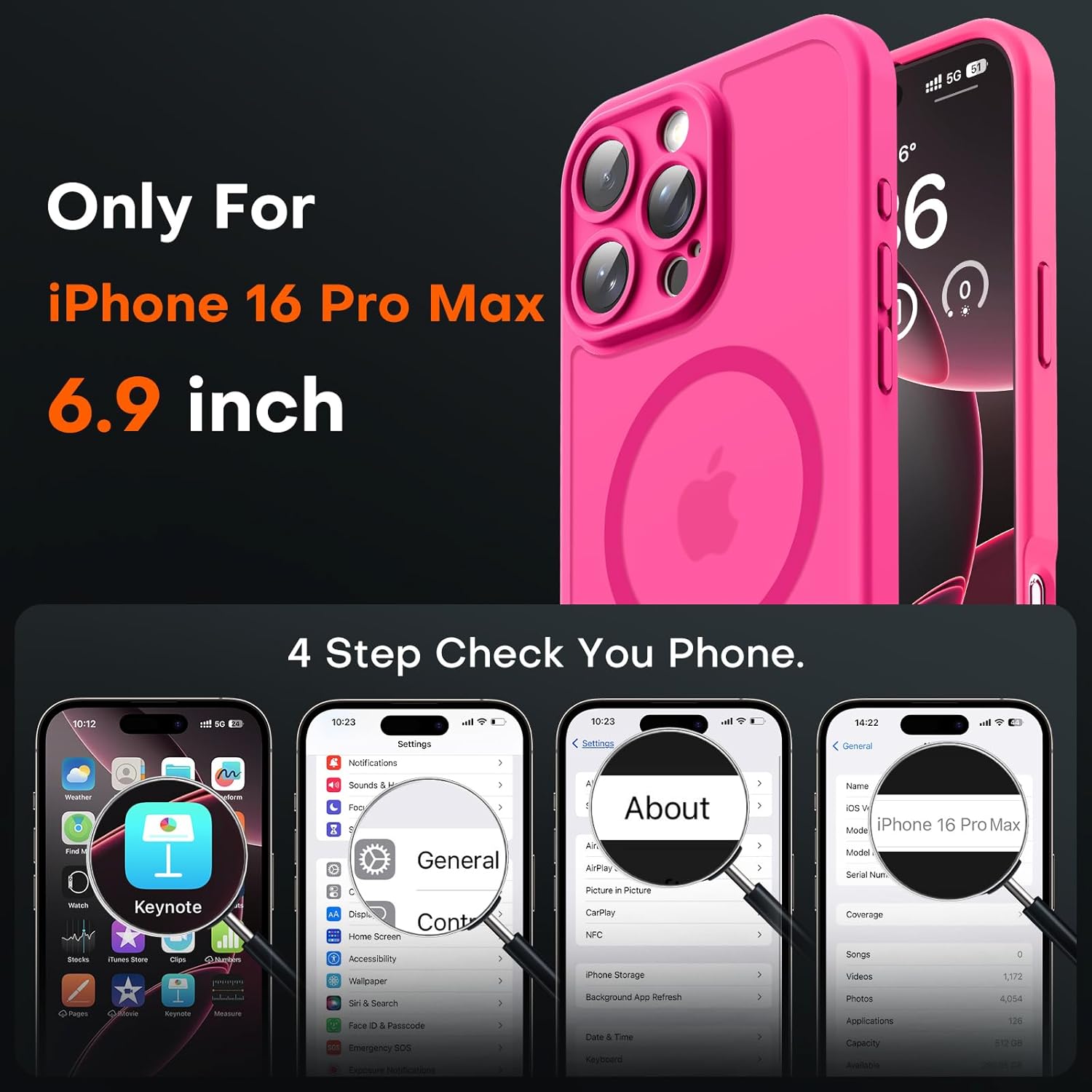 TOCOL for iPhone 16 Pro Max Phone Case Compatible with Magsafe Full Camera Protection Drop Protection Magnetic Translucent Matte Back Bumper Phone Case for 16 Pro Max 6.9-Inch (Hot Pink) - Image 2
