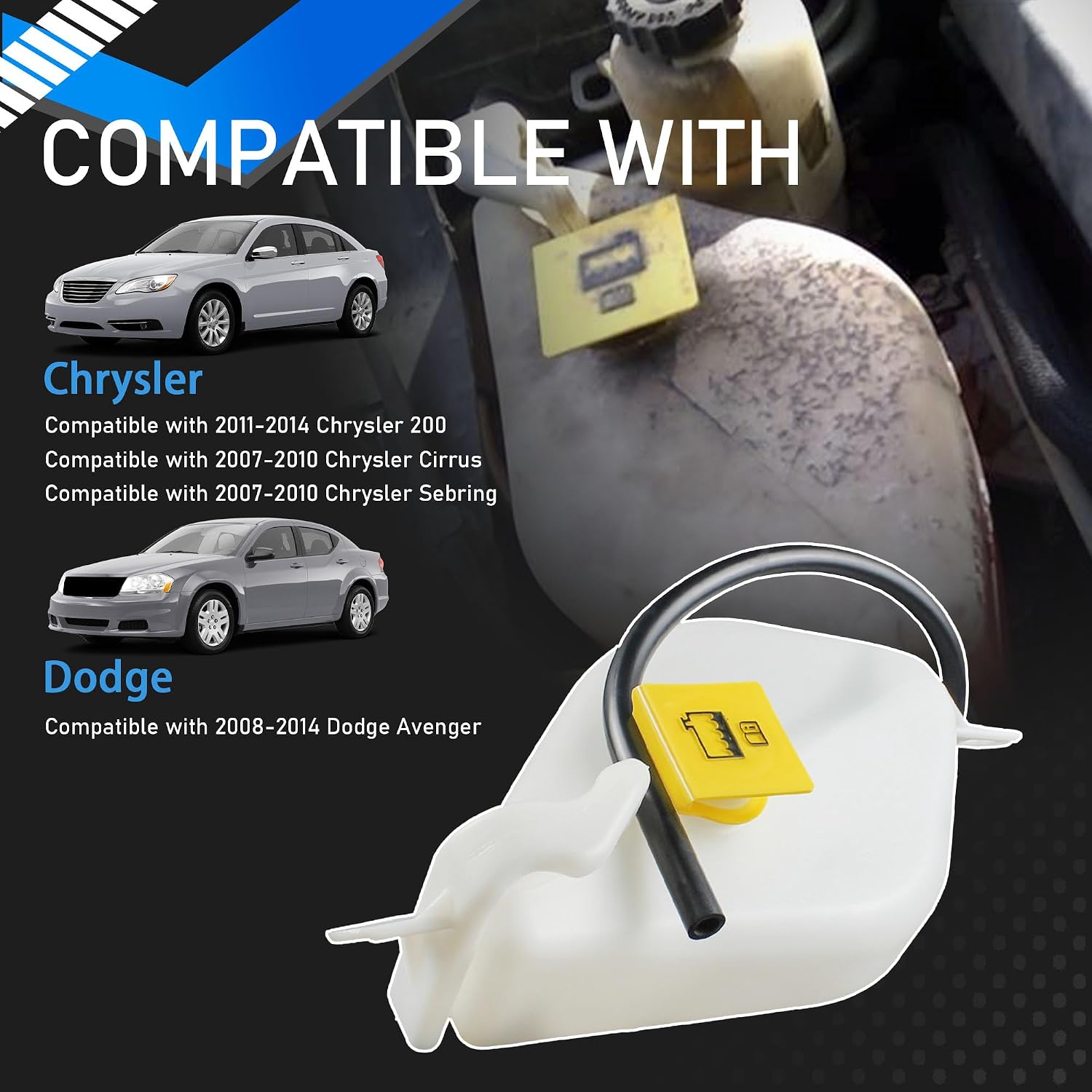 Engine Radiator Coolant Overflow Reservoir Tank with Cap Compatible with 2007-2014 Chrysler 200 Cirrus Sebring 2008-2014 Dodge Avenger Replaces 603-586 5058371AD 5058371AE 5058371AC